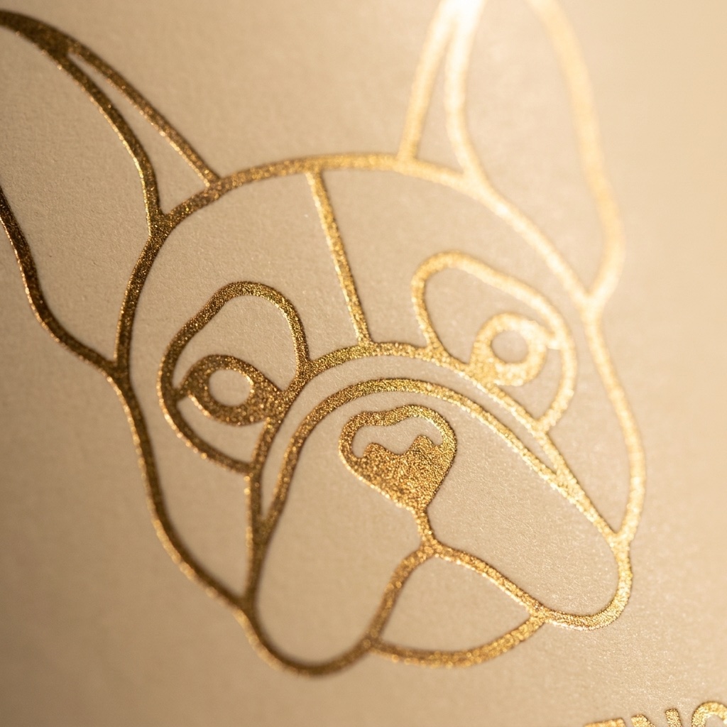Frenchie Belly gold embossed logo close-up